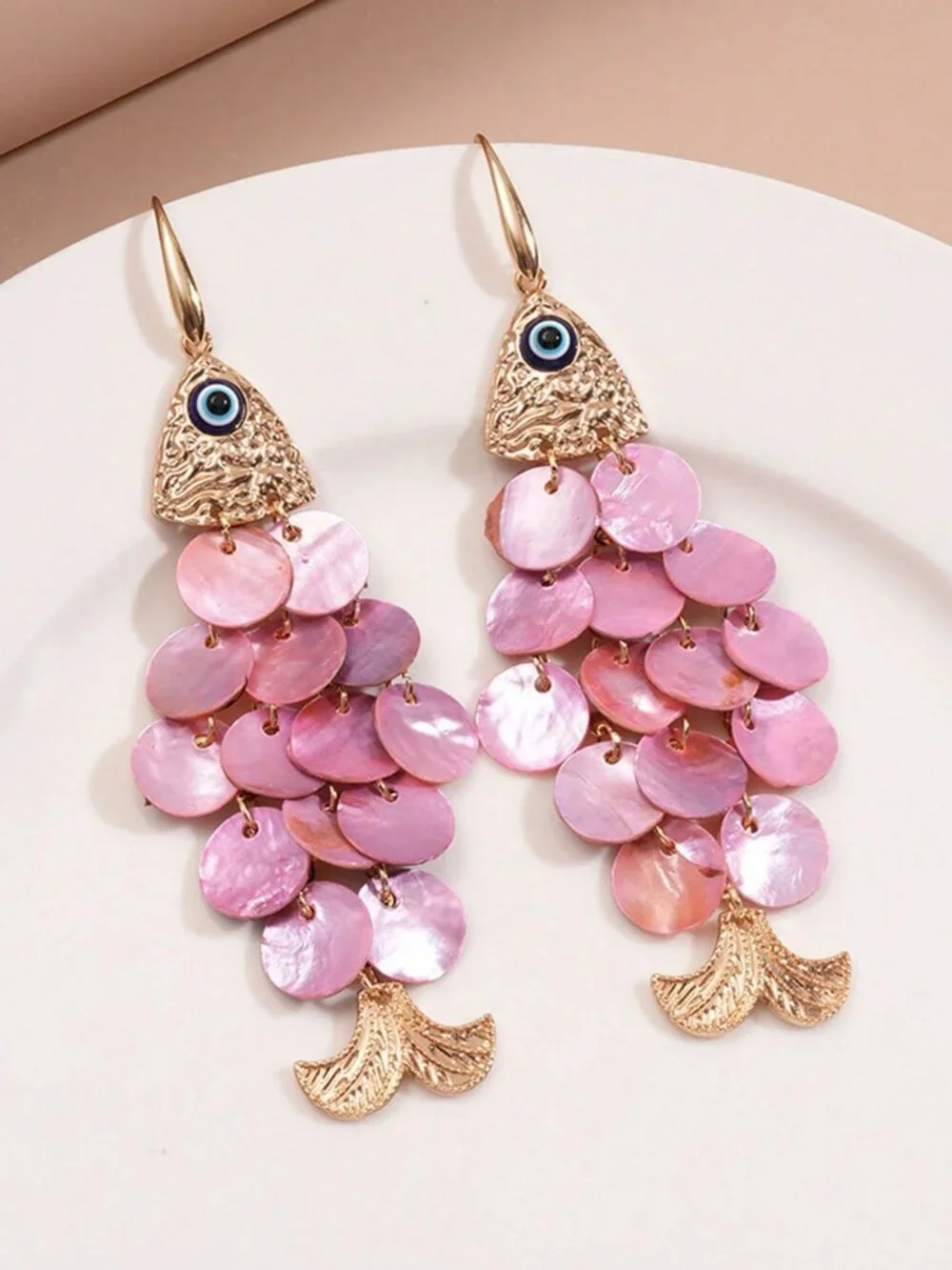 Pink Women's Creative Fish Shaped Shell Tassel Earrings